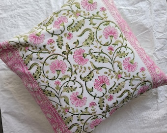 Funda de cojín de algodón con estampado de bloques, diseño floral indio hecho a mano, 40 x 40 cm.