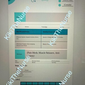 Peut inclure: Une feuille de rapport médical blanche intitulée "Report Sheet". Elle comprend des sections pour les informations du patient, la peau/plaies/drainages, la mobilité/contrôles neurologiques et les médicaments PRN. Le texte "KikiTheNurse" est en filigrane.