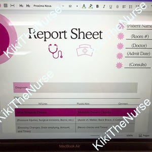 May include: A digital report sheet on a laptop screen. The document features the title "Report Sheet" with medical icons and fields for patient information, diagnosis, and medical assessments. The document is white with pink accents.