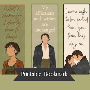 Peut inclure: Trois marque-pages imprimables avec des citations d'un roman classique. Les marque-pages présentent des illustrations de personnages et des citations romantiques. Le texte "Printable Bookmark" est en bas. La palette de couleurs comprend des nuances de marron, de vert et de beige.