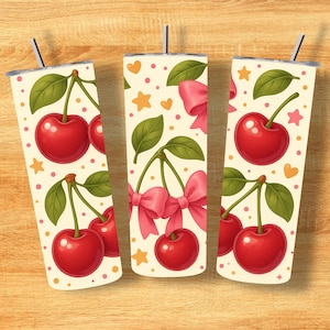 Cherry Bow Tumbler Wrap PNG: Retro Hearts Sublimation Design (Digital Download)