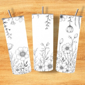 Schwarz und Weiß Wilde Blumen Tumbler Wrap PNG | 20 Unzen Skinny Floral Sublimations Design | Gerade & Verjüngt | Sofort Download