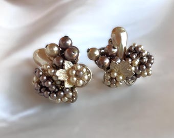 Vintage Earrings: Screw Back, Faux Pearl Clusters, Pierced Gold Tone Flower Petal Back, 1940s