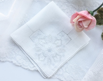 Handkerchief White Linen Beautiful Needlework 11 Inch Square Vintage Wedding Bride's Something Old