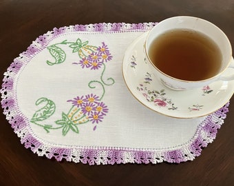 White Cloth Doily Dresser Scarf Lilac Purple Hand Embroidered Flowers Crocheted Edge