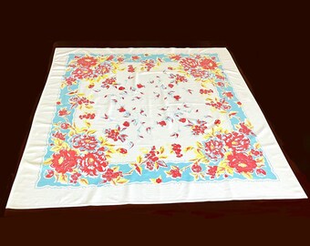 Vintage Tablecloth Printed Floral, Red, Turquoise, 41" x 41" Retro Kitchen