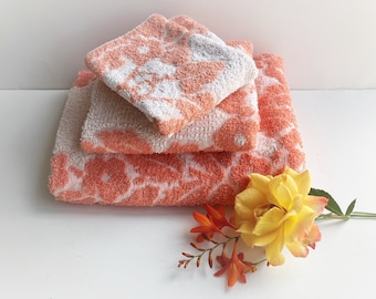Vintage Towel Set: Cannon 3 Pc,. White & Coral Orange, Floral