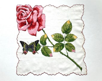 Vintage Handkerchief Red Rose, Butterfly On White, Double Scalloped Edge 13" x 14"