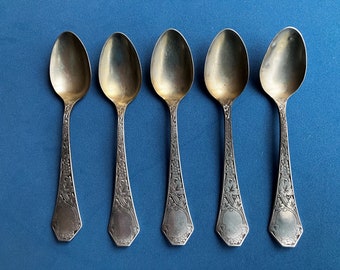 Antique Sterling Silver Coffee Spoons, Five 1905 Art Nouveau, Sterling Silver Mfg. Co., SSMC, Saart Bros., Grape Pattern, No Monogram