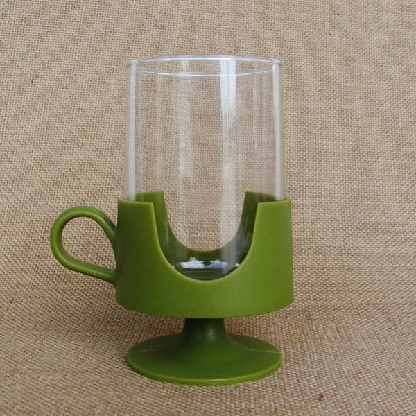 Vintage Corning Glas-Snap Mug Avocado Green Plastic Holder Clear Pyrex Glass For Hot Or Cold Beverages