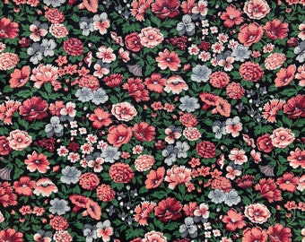 Vintage Fabric Floral, Calico, 7/8 Yard, Cotton Pink, Blue On Black Quilting Sewing Crafts