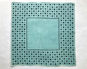 Vintage Handkerchief Turquoise Blue Linen, Black Circles And Stars 13 Inches Retro Atomic Design