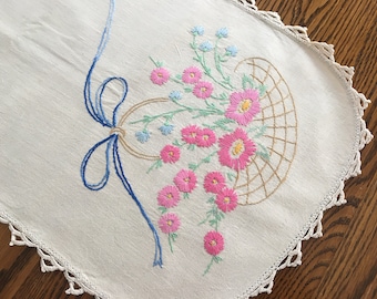 Table Runner Hand Embroidered Flower Baskets Tatted Edge Pink Blue 36 Inches Long Doily