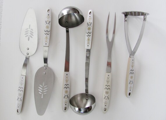 Flint Kitchen Utensils Stainless Steel Brown White Harvest Wheat Design Plastic Handles Potato Masher Or Soup Ladle