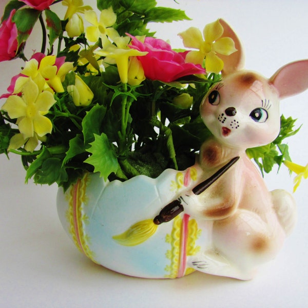 Vintage Easter Bunny Rabbit And Egg Planter Rubens Originals 327A With Pink Yellow Plastic Flowers