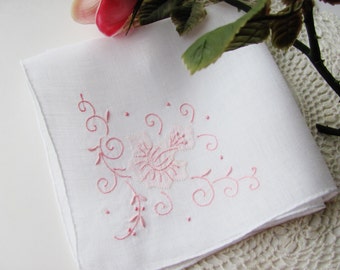 Handkerchief Bride's Hanky Pink Floral Embroidery White Linen 11 Inch Vintage Wedding