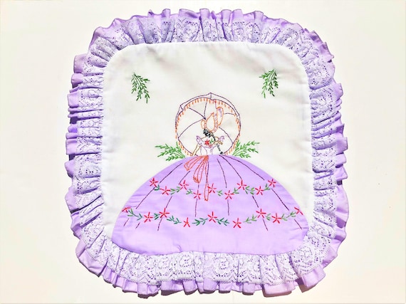 Vintage Embroidered Pillow Sham: Southern Belle, lilac purple