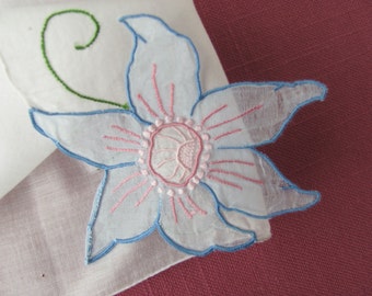 Handkerchief Wedding White Blue / Pink Flower Applique Custom Cut Corner 12 Inches Semi Sheer