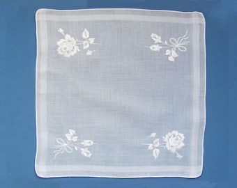 Handkerchief Bride's Wedding Sheer White Machine Embroidered Flowers 11 Inch Something Old