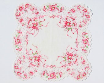 Handkerchief White Scalloped Printed Pink Flowers  11 Inch Semi Sheer Cotton Linen Vintage Wedding