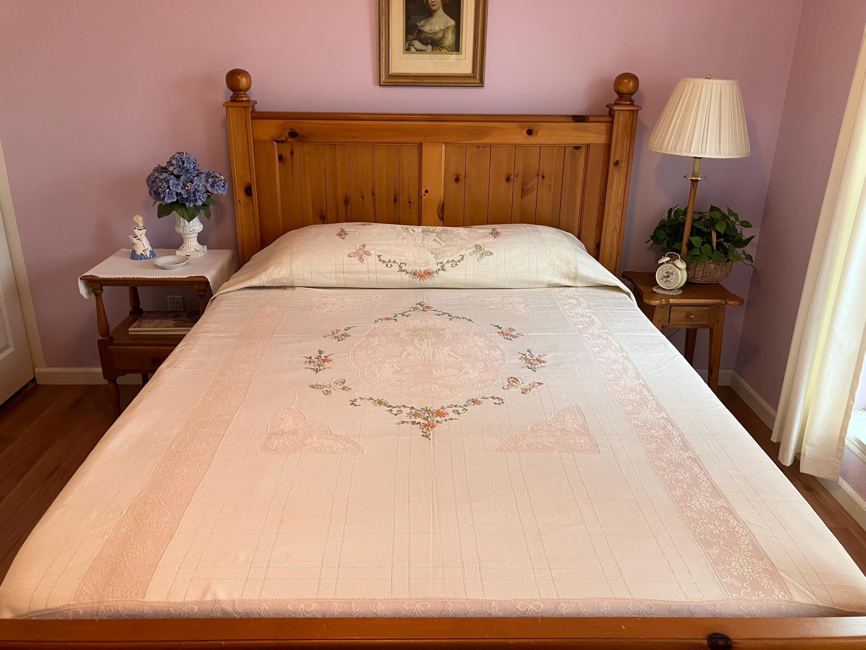 Twin Bedspread, Vintage, Lace Inserts & Edging, Floral Hand Embroidery, French Style