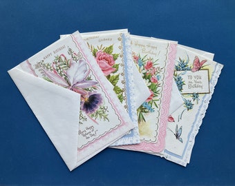 Birthday Cards Vintage Set of 4 Pink, Blue, Fancy Border, Front Lifts Up