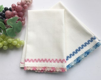 Vintage Tea Towels Embroidered Crocheted  Pink Blue Sold As Set of 2