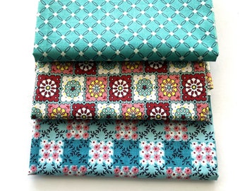 Vintage Fabric Lot Remnants, 3 Cotton Prints Sold Together, Teal Green, Aqua Turquoise Blue, Retro Prints Quilting Sewing Crafts