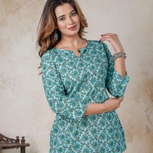 Blue Floral Cotton Kurta Top: Jaipur Summer Tunic