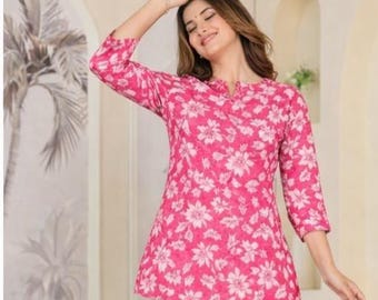 Pink Floral Viskose Kurze Kurti: Jaipur Sommer Tunika Top - Indianer Ethnic Wear - Geschenk für Sie