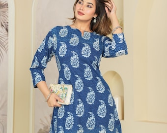 Blau Bedrucktes Baumwolle Kurti für Damen | Stylische Casual & Casual Wear Kurzes Kurti Top