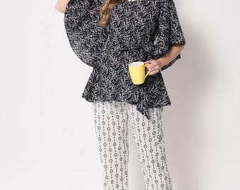 Baumwolle Mutterschaft Co Ord Set, Schwarzes Bedrucktes Schößchen Top mit Hose, Still Outfit, Schwangerschaft und Postpartum Loungewear Geschenk für Mama