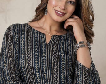 Blaue Baumwolle Kurze Kurti: Jaipur Sommer Tunika Top - Indianer Ethnic Wear - Geschenk für Sie