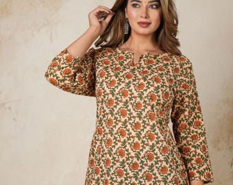 Yellow Floral Cotton Short Kurti: Jaipur Summer Tunic Top - Indian Ethnic Wear - Gift for Her
