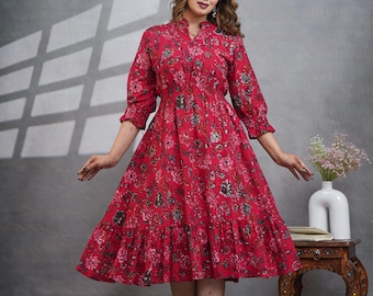Handgemachtes Midi Kleid aus Baumwolle: Floral Block Print Sommerkleid Kyra