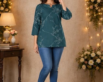 Türkise Grüne Baumwolle Kurze Kurti : Jaipur Sommer Tunika Top - Indianer Ethnic Wear - Geschenk für Sie - Grössen M bis 2XL