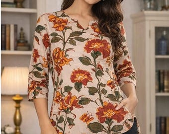 Reine Baumwolle Frauen Jaipuri Print Kurze Kurta, Indien tragen Kurti, bedrucktes Tunika-Oberteil für sie, indisches Sommer-Ethno-Oberteil / Bluse