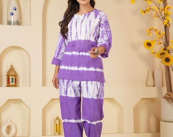 Tie Dye Cotton Co Ord Set für Frauen, Kurzes Kurta und Hosen Set, handgemachtes 2-teiliges Outfit, Sommer Ethnic Loungewear
