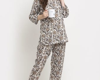 Damen Blumendruck Co-Ord Set | Lässiges Viskose Kurti Top & Hose Set | Bequeme Loungewear | M bis XL