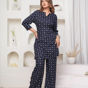 Women&#39;s Blue Rayon Short Kurta Pant Set | Tropical Print Summer Set | Vacation Co-ord Set | Resort Wear, boho floral Co Ord set for Her