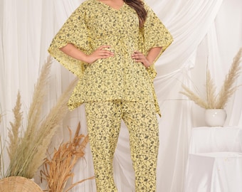 Baumwoll Kaftan Co Ord Set: Boho Sommer Loungewear Gelb Floral Kurze Kaftan Hose Set für Frauen