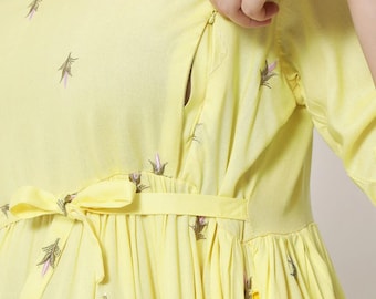 Gelbes besticktes Viskose Umstandskleid mit Reißverschluss, Anarkali Kurti mit Hose, Schwangerschaftskleidung