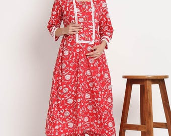 Rotes Baumwollgeblümte Anarkali Kurti Palazzo Set für Frauen - Gedrucktes Co Ord Set, Ethnische Baumwolle Kurta mit Palazzo, Umstandsoutfit M-2XL