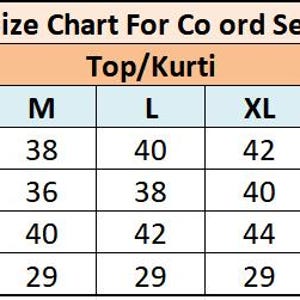 Pu&ograve; includere: Una tabella delle taglie per un set coordinato top o kurti con colonne per le taglie M, L, XL e XXL. La tabella elenca le misure per busto, vita, fianchi e lunghezza in pollici, con righe che mostrano i valori numerici per ogni categoria.