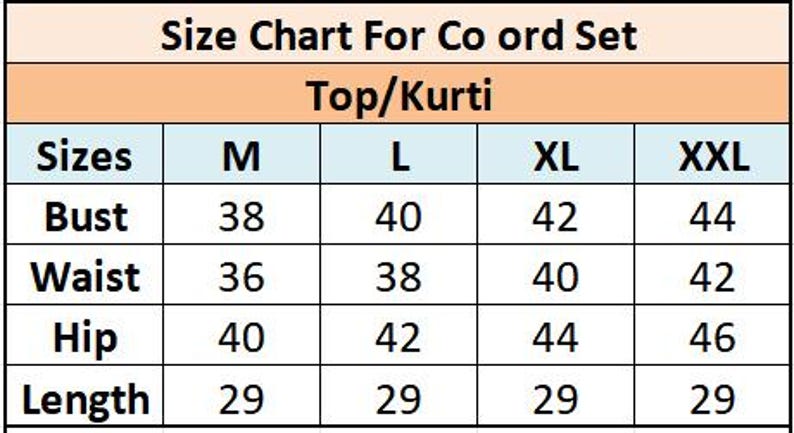 Pu&ograve; includere: Una tabella delle taglie per un set coordinato top o kurti con colonne per le taglie M, L, XL e XXL. La tabella elenca le misure per busto, vita, fianchi e lunghezza in pollici, con righe che mostrano i valori numerici per ogni categoria.