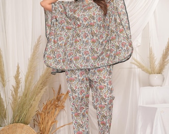 Handgefertigte Baumwolle Kurze Kaftan Hose Set Blumendruck Sommer Freundliche Lounge-Abnutzung für Sie