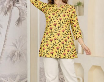 Gelbe Baumwolle Kurze Kurta: Jaipur Sommer Tunika Top - Indian Ethnic Wear - Medium bis 2XL