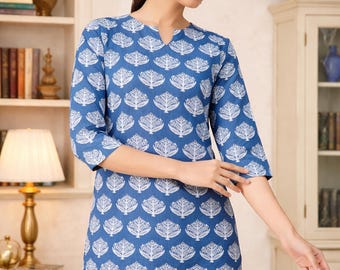 Blau Paisley Viskose Kurze Kurta: Jaipur Sommer Tunika Top - Indianer Ethnic Wear - Geschenk für Sie