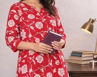Rotes Blumen Baumwoll Tunika Top | Frauen Kurz 3/4 Ärmel | Handgemachtes Boho Top | Leichte Sommerkleidung | Muttertags Geschenk