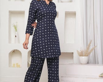 Florales Rayon Co-Ord Set: Blaue A-Linie Kurta mit Palazzohose für Frauen, Sommer Co-ord Set, Boho Lounge Wear, Geschenk für Sie